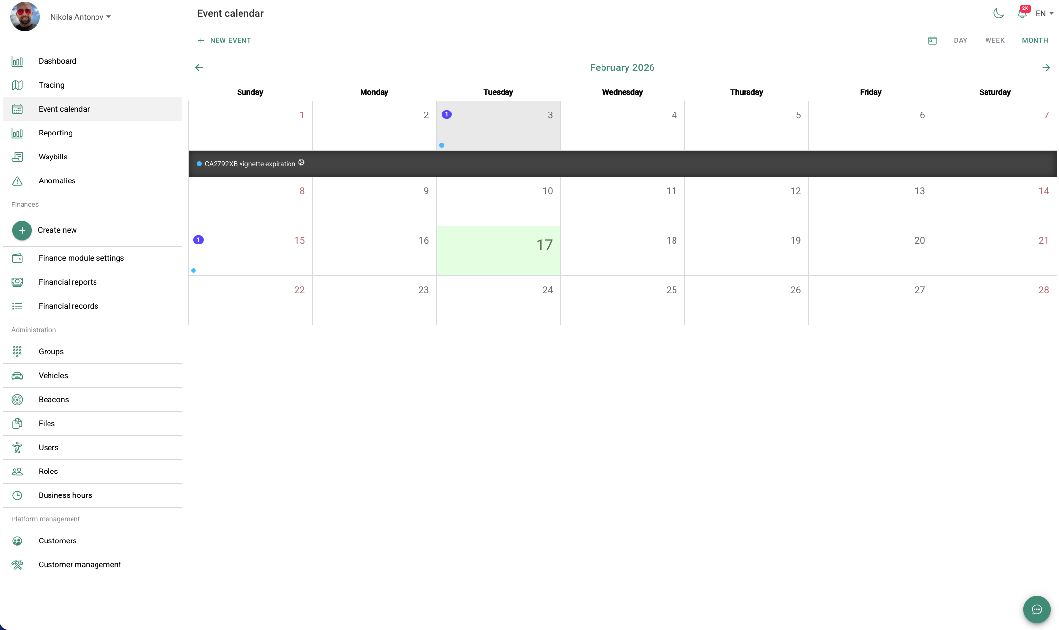 FleetKO calendar — monthly view with vignette expiration reminders