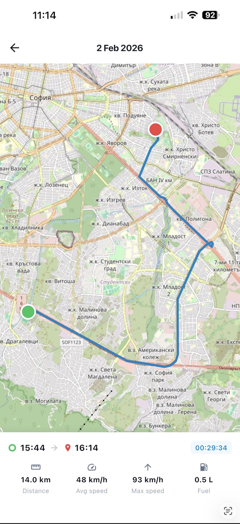 FleetKO mobile app — route on map with distance, speed, and fuel stats